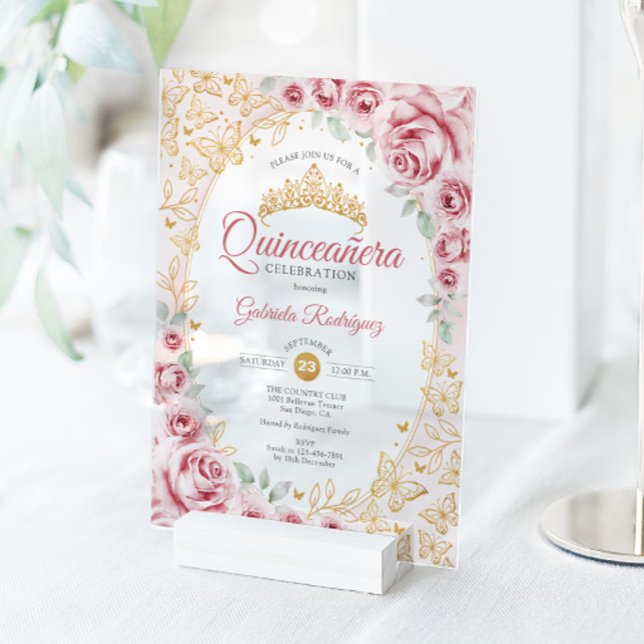 Invitations En Acrylique Pink Gold Floral Quinceanera (Créateur téléchargé)