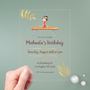 Invitations En Acrylique Pink Gold Gymnastique fille sur poutre Anniversair