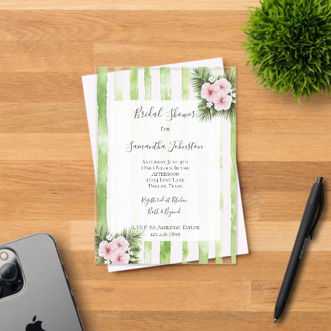 Invitations En Acrylique Pink Hibiscus Floral Green Stripes Bridal Shower (Insitu (Carte d'invitation))