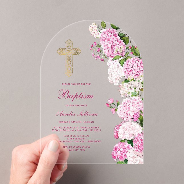 Invitations En Acrylique Pink Hydrangea Arch Baptism (In situ (ordinateur de poche))