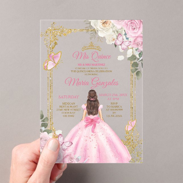 Invitations En Acrylique Pink Mis Quince Crown Gold Quinceañera Butterfly (In situ (ordinateur de poche))