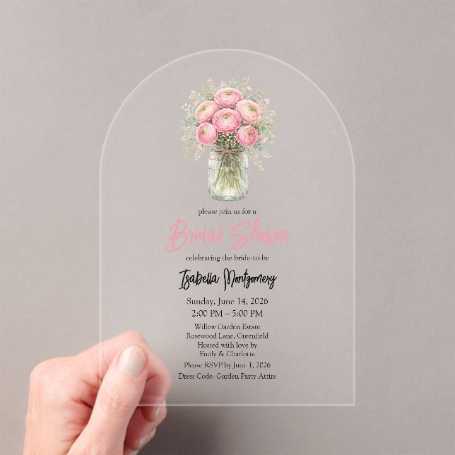 Invitations En Acrylique Pink Palette Ranunculus Mason Jar Bridal Shower (In situ (ordinateur de poche))