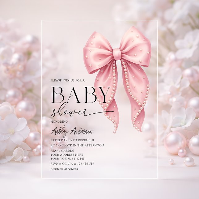 Invitations En Acrylique Pink Pearl Bow Girl Baby Shower (Créateur téléchargé)