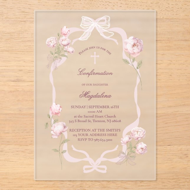 Invitations En Acrylique pink peonies Confirmation girl (Recto)