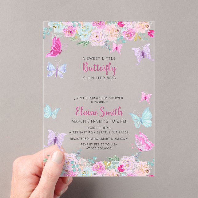 Invitations En Acrylique Pink Purple Butterfly Baby Shower  (In situ (ordinateur de poche))