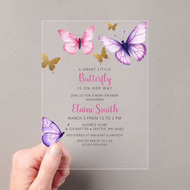 Invitations En Acrylique Pink Purple Gold Butterfly Baby Shower (In situ (ordinateur de poche))
