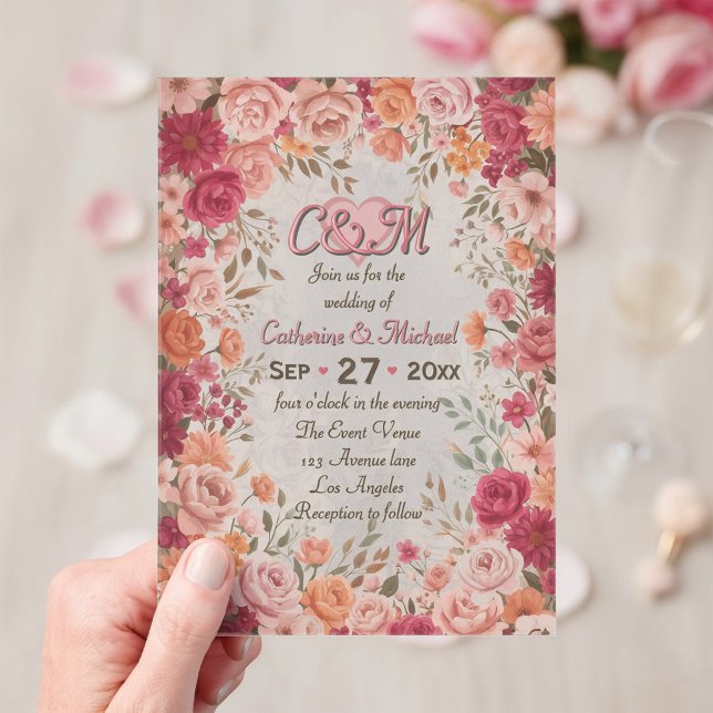 Invitations En Acrylique Pink & Red Romantic Rose Spring Floral Wedding (Front view of pink and red romantic rose floral victorian vintage spring garden wedding invitation)