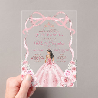 Invitations En Acrylique Pink Rose Gold Bow Crown Princess Girl Quinceañera