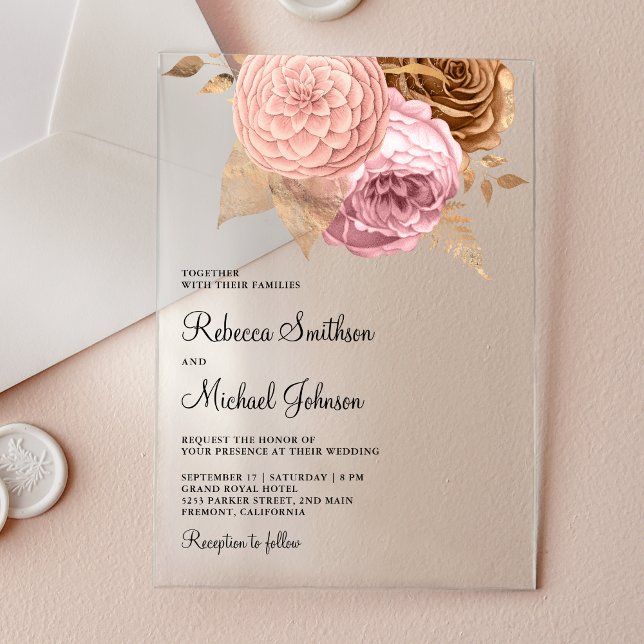 Invitations En Acrylique Pink Roses Earthy Floral Wedding (Créateur téléchargé)