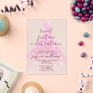 Invitations En Acrylique Pink Sequin Ball Gown Sweet 16 Anniversaire