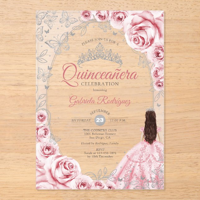Invitations En Acrylique Pink Silver Quinceanera Floral (Recto)
