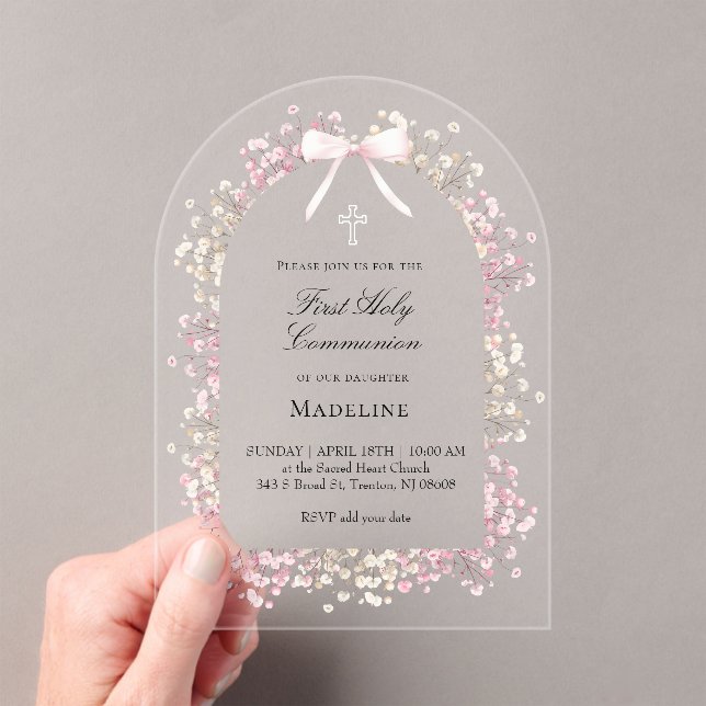 Invitations En Acrylique pink white flowers First Communion (In situ (ordinateur de poche))