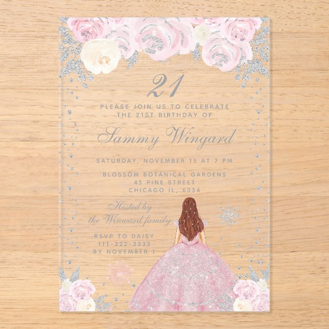 Invitations En Acrylique Pink Winter Brown cheveux Princesse Anniversaire (Recto)