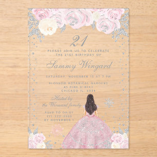 Invitations En Acrylique Pink Winter Brunette Hair Princesse Anniversaire