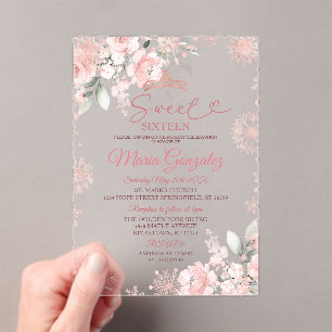 Invitations En Acrylique Pink Winter Rose Gold Floral Sweet 16 Anniversaire