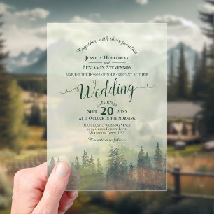 Invitations En Acrylique Pins de montagne verts brumeux Calligraphie Mariag