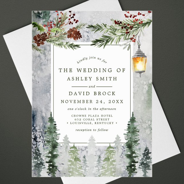 Invitations En Acrylique Pins d'hiver rustique Mariage de lanterne botaniqu (Créateur téléchargé)