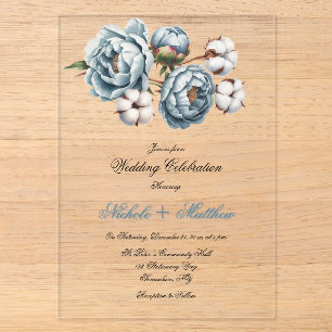 Invitations En Acrylique Pivoine Bleue Poussiéreuse et Mariage en Coton