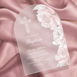 Invitations En Acrylique Pivoines blanches roses poussiéreuses Arche Baptêm
