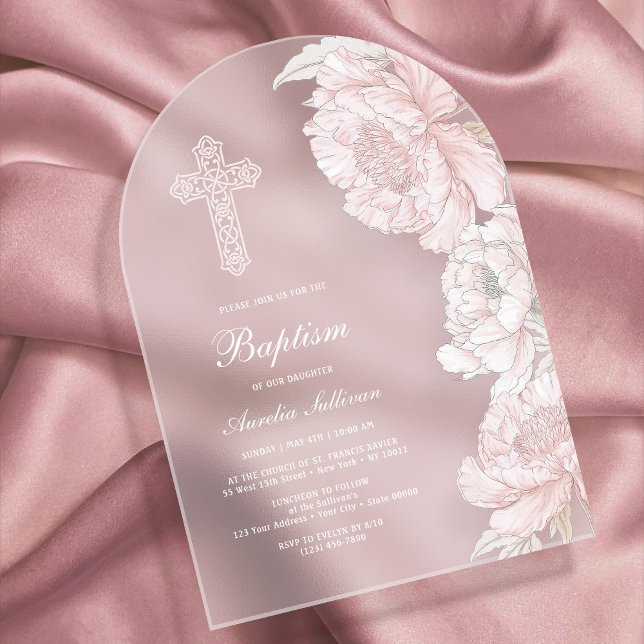 Invitations En Acrylique Pivoines blanches roses poussiéreuses Arche Baptêm (Créateur téléchargé)