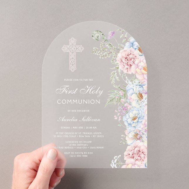 Invitations En Acrylique Pivoines délicates pour la Première Communion (In situ (ordinateur de poche))