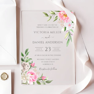 Invitations En Acrylique Pivoines Florales Aquarelle Rose Mariage Élégant