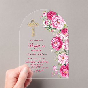 Invitations En Acrylique Pivoines Rose Chaud Arche Baptême