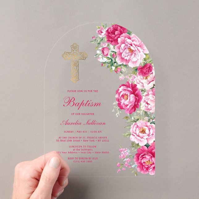Invitations En Acrylique Pivoines Rose Chaud Arche Baptême (In situ (ordinateur de poche))