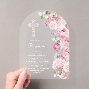 Invitations En Acrylique Pivoines roses aquarelle Arche Baptême