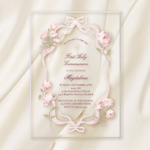 Invitations En Acrylique pivoines roses fille première communion