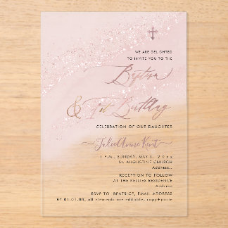 Invitations En Acrylique PixDezines Baptême Rose Gold + 1er Anniversaire