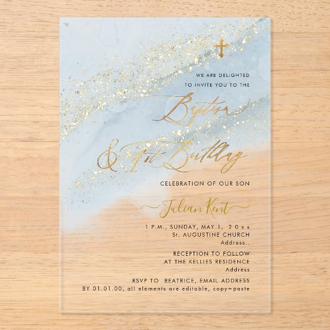 Invitations En Acrylique PixDezines Dusty Blue Gold Baptism+1st Birthday (Recto)