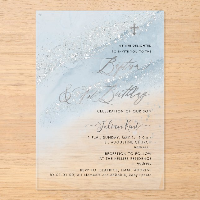 Invitations En Acrylique PixDezines Dusty Blue Silver Baptism+1st Birthday (Recto)