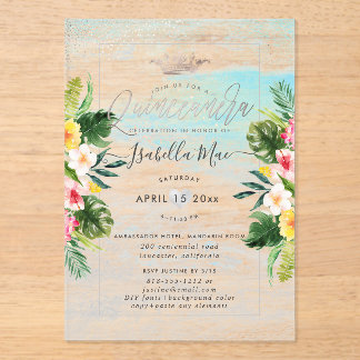 Invitations En Acrylique PixDezines Fleurs Tropicales+Quinceanera de Plage