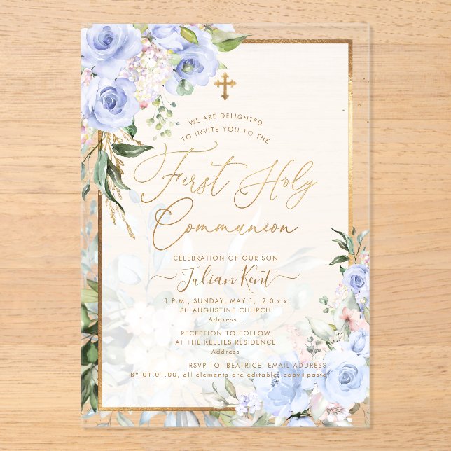 Invitations En Acrylique PixDezines H2 Blue Roses First Holy Communion (Recto)