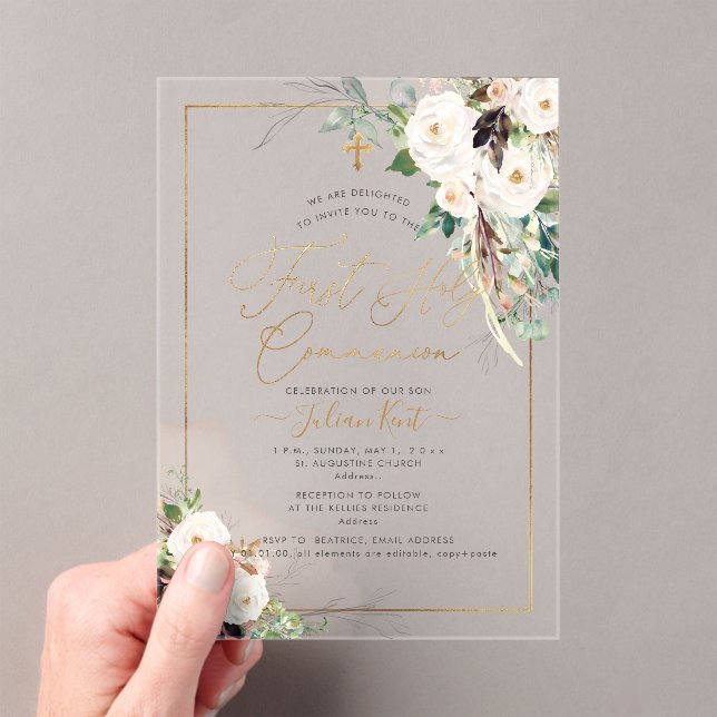 Invitations En Acrylique PixDezines H2 Blush Roses First Holy Communion (In situ (ordinateur de poche))