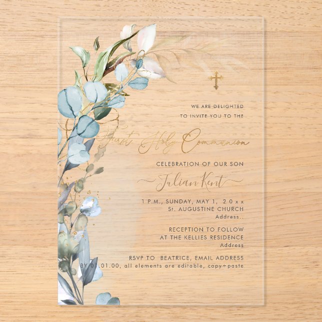 Invitations En Acrylique PixDezines H2 Dusty Blue Gum Foliage Communion  (Recto)