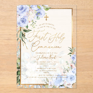 Invitations En Acrylique PixDezines H2 Roses bleues Première Sainte Communi