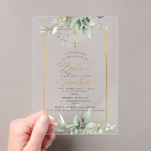 Invitations En Acrylique PixDezines H2 Vert Or Eucalyptus Baptême