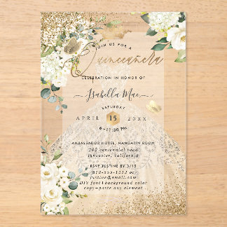 Invitations En Acrylique PixDezines Quinceanera Champagne Gold Glitter Gown