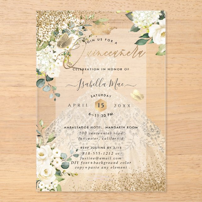 Invitations En Acrylique PixDezines Quinceanera Champagne Gold Glitter Gown (Recto)