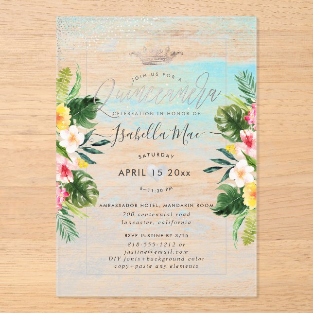 Invitations En Acrylique PixDezines Tropical Flowers+Beach Quinceanera (Recto)