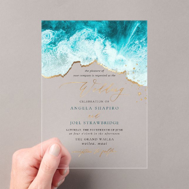 Invitations En Acrylique PixDezines Vagues Marines Rivage Mariage sur la Pl (In situ (ordinateur de poche))