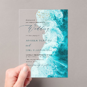 Invitations En Acrylique PixDezines Vagues Marines Rivage Mariage sur la Pl