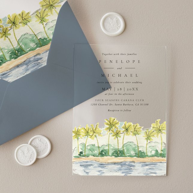 Invitations En Acrylique Plage Palm Trees Tropical Watercolor Mariage (Beach Palm Trees Tropical Watercolor Wedding Acrylic Invitations)