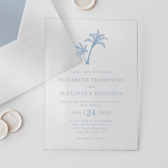 Invitations En Acrylique Plage tropicale Palm Tree Dusty Blue Mariage (Créateur téléchargé)