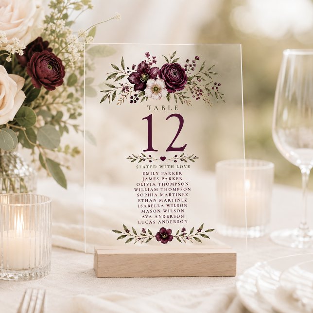 Invitations En Acrylique Plan de table en acrylique botanique mariage prune (Créateur téléchargé)