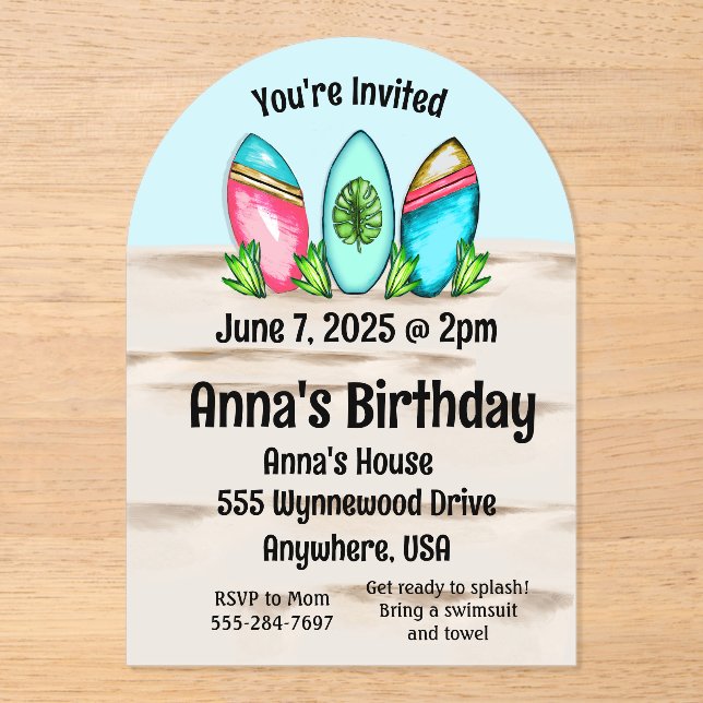 Invitations En Acrylique Planches de surf rétro, Rose,  (Recto)