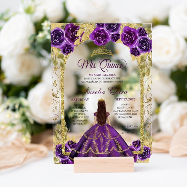 Invitations En Acrylique Plante florale violette Princess Gold Arch Quincea (Créateur téléchargé)