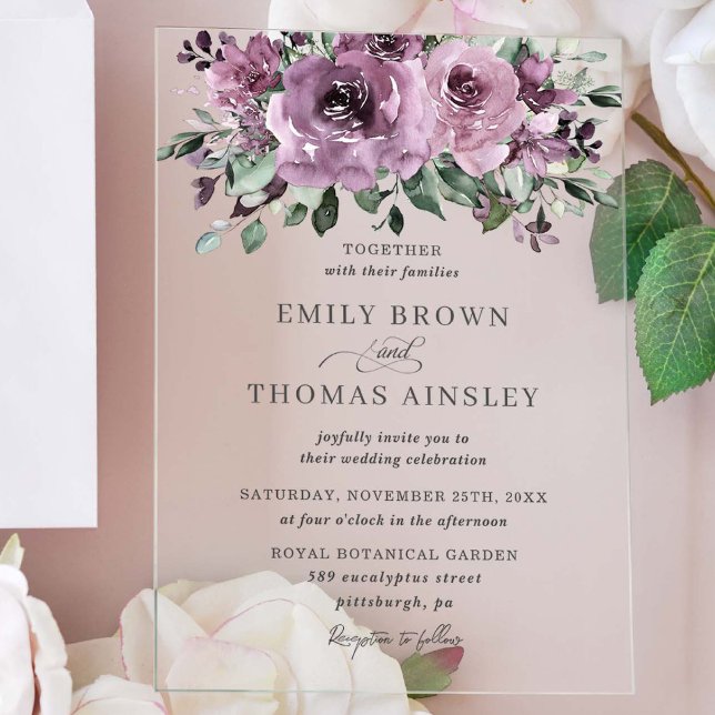 Invitations En Acrylique Plum mauve rustique violet Mariage de verdure fleu (Créateur téléchargé)